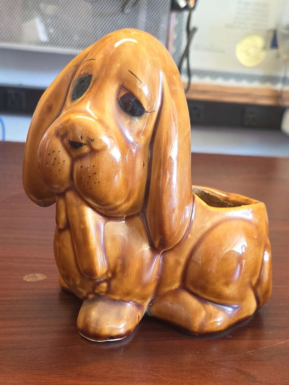 Brown Ceramic Basset Hound Planter